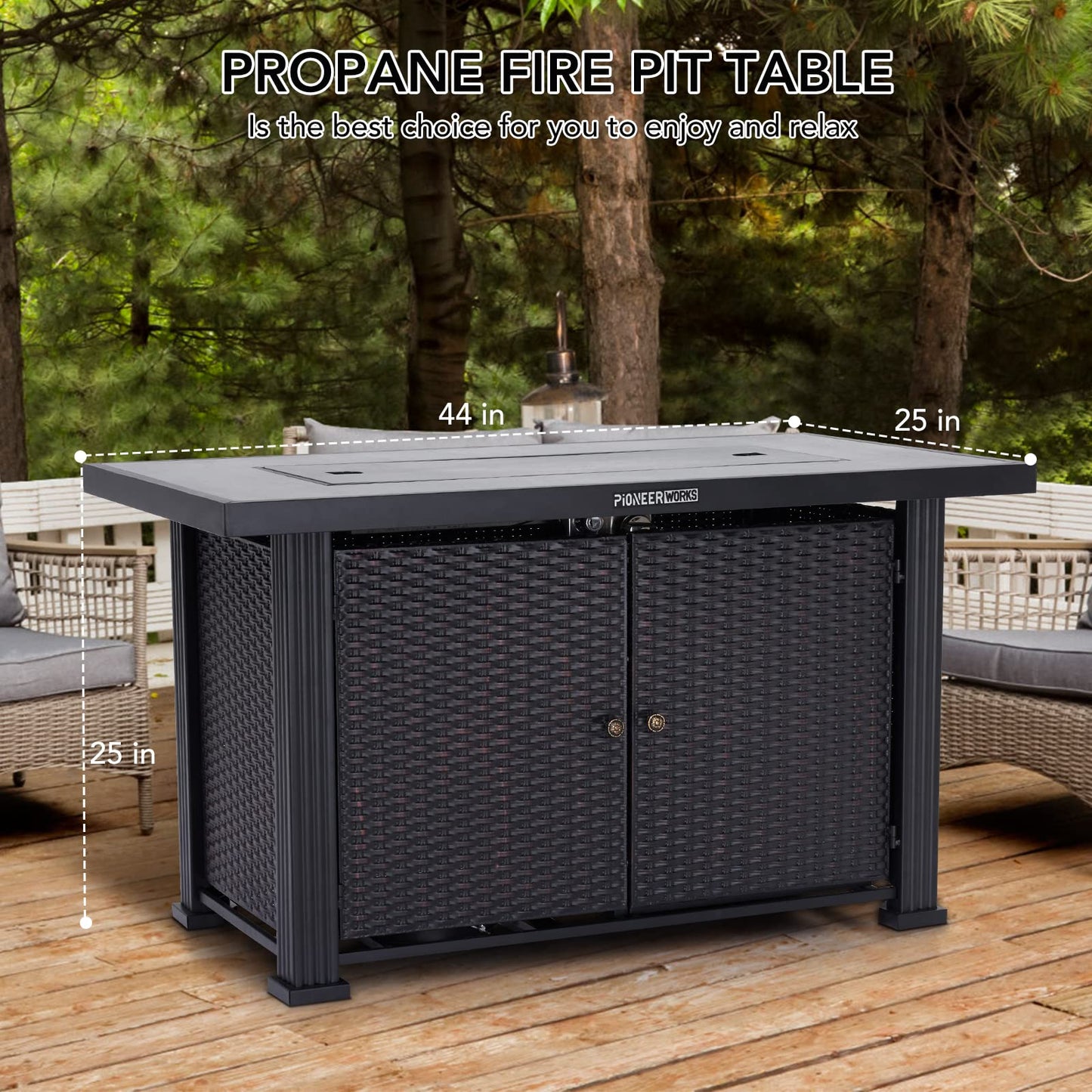 44" Propane Fire Pit Table, 50000BTU Rectangle Fire Table with Cover & Rain Cover, Sturdy Steel and Iron Fence Surface, CSA Safety Certified, Companion for Your Garden