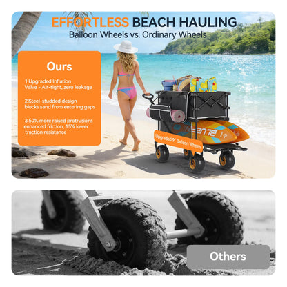 400L Double Decker Beach Wagon-500LBS Heavy Duty Beach Cart with 9" Big Balloon Wheels for Sand,Folding Collapsible Wagon with Side Pocket for Beach, Fishing, Camping,Outdoor(Black)