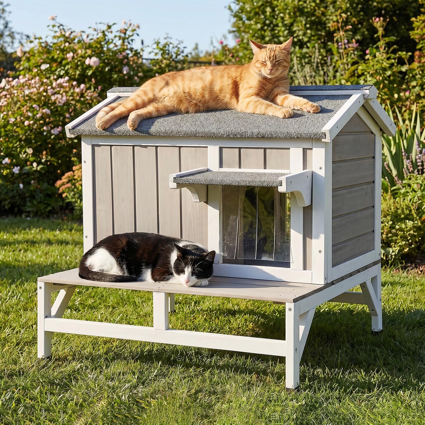 Pawbuilt Outdoor Cat House – Weatherproof Wooden Shelter with Elevated Base, Balcony & Openable Roof, 2-Story Cozy Condo with Built-in Cat Scratch Mat for Small, Feral, or Community Cats