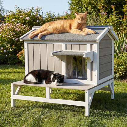 Pawbuilt Outdoor Cat House – Weatherproof Wooden Shelter with Elevated Base, Balcony & Openable Roof, 2-Story Cozy Condo with Built-in Cat Scratch Mat for Small, Feral, or Community Cats