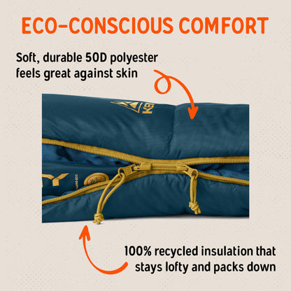 Kelty Solstice 20 Oversized Synthetic Camping Sleeping Bag, Spacious Shape, Zip Together for 2P, Anti-Snag Zips, Internal Pocket (20 Degree)