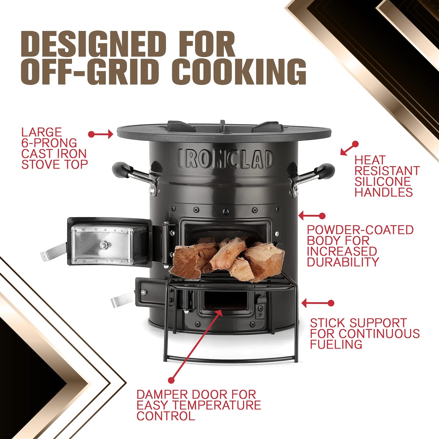 IronClad Supply Rocket Stove – Camping Wood Stove for Emergency Preparedness, Survival, Off Grid Living Supplies – Portable Wood Burning Stove with Canvas Storage Bag and Fuel Support System