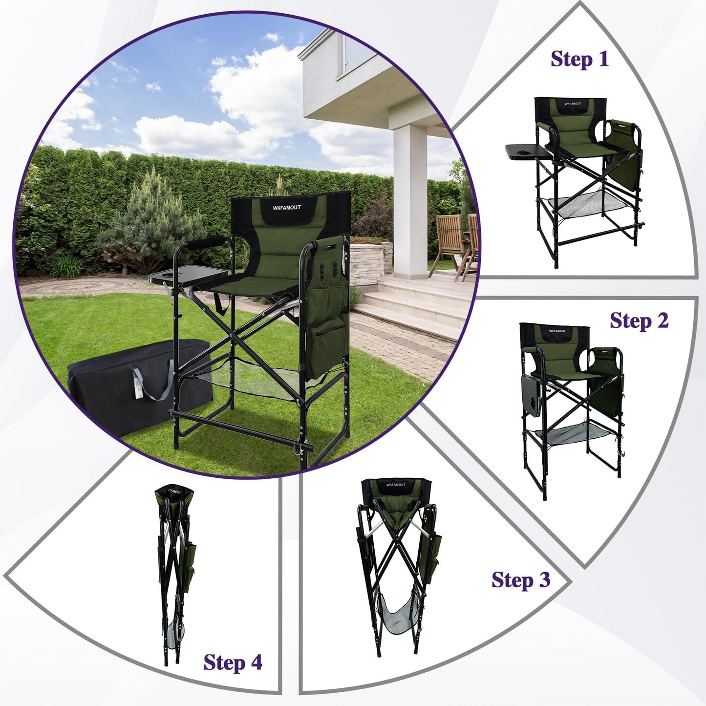 WKFAMOUT Tall Folding Directors Chair with Side Table 30.71" Seat Height Foldable Camping Chair Bar Stool for Makeup Artist Face Painting with Footrest and Storage Pocket Supports 350LBS