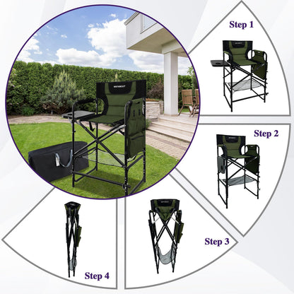 WKFAMOUT Tall Folding Directors Chair with Side Table 30.71" Seat Height Foldable Camping Chair Bar Stool for Makeup Artist Face Painting with Footrest and Storage Pocket Supports 350LBS