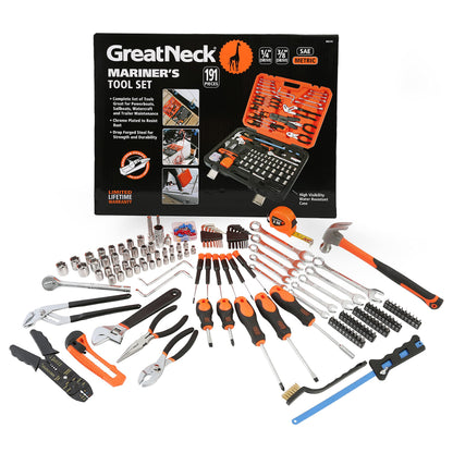 GreatNeck MS191 Mariner's Tool Set 191-Pc, Boat Tool Kit for Maintenance, Rust Resistant Boating Essentials, Includes Wrench, Socket, and Screwdriver Set