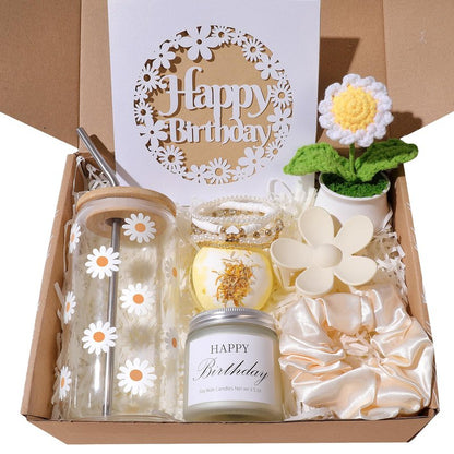 Landteek Fine Birthday Gifts For Women, Happy Birthday Gift Box For Girl,Teen Girl, Her, Women, Sister, Daughter, Friends, Cute Daisy Aesthetic Glass Cups Gift Set 8pcs