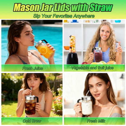 Palksky Mason Jar Lids with Straw Hole & Handle for Regular Mouth Jars, Leak-Resistant Drinking Lids with Extra Silicone Rings, Mason Jar Straw Lids for Iced Coffee, Lemonade, Juice (1 Pack)