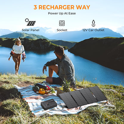 powkey Solar Powered Generator, 200W Portable Power Station with Solar Panels 40W, 146Wh Power Bank with 2 AC Outlet 110V Pure Sine Wave for Outdoor Camping Emergency Home