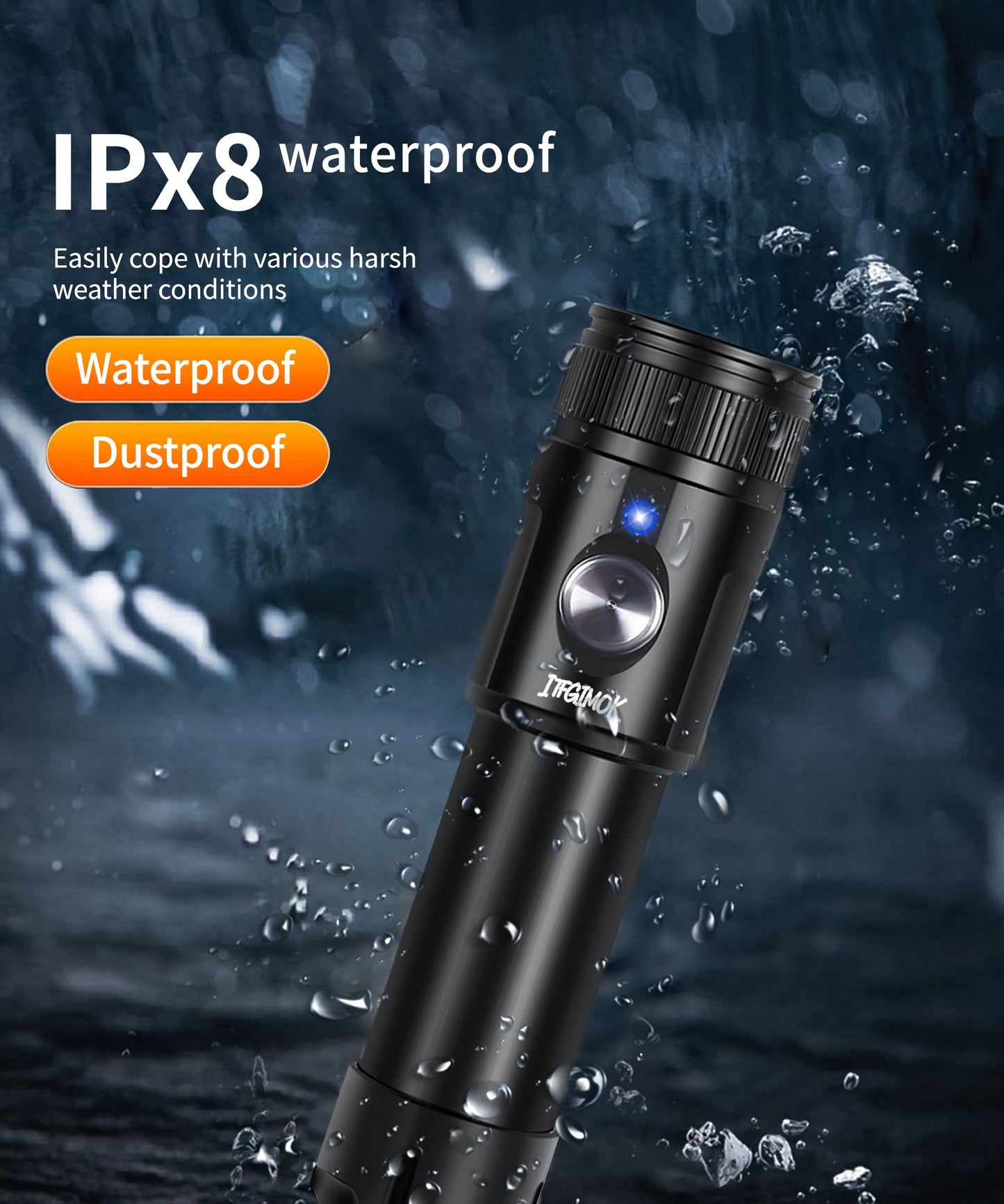 ITFGIMOK Super Bright Dive Light, IP68 Waterproof Flashlight with 3 Adjustable Beams (3° Spot/24° Flood/72° Wide), for Underwater Photography, Macro Video, Night Diving