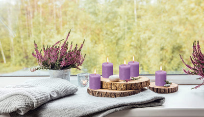 BOLSIUS 4 Pack Vibrant Violet (Purple) Rustic Pillar Candles - 2.75 X 3.25 inches - Premium European Quality - Includes Natural Plant-Based Wax - Unscented Dripless Smokeless 35 Hour Party Candles