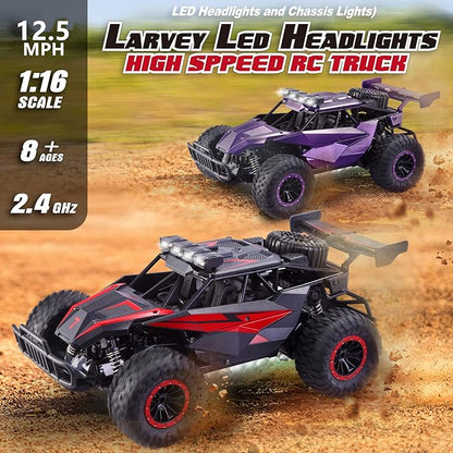 1:16 Scale Remote Control Car 20 Km/h High Speed Remote Control Truck Off Road RC Monster Vehicle with LED Headlights and Chassis Lights Electric Toy for Boys Kids and Adults