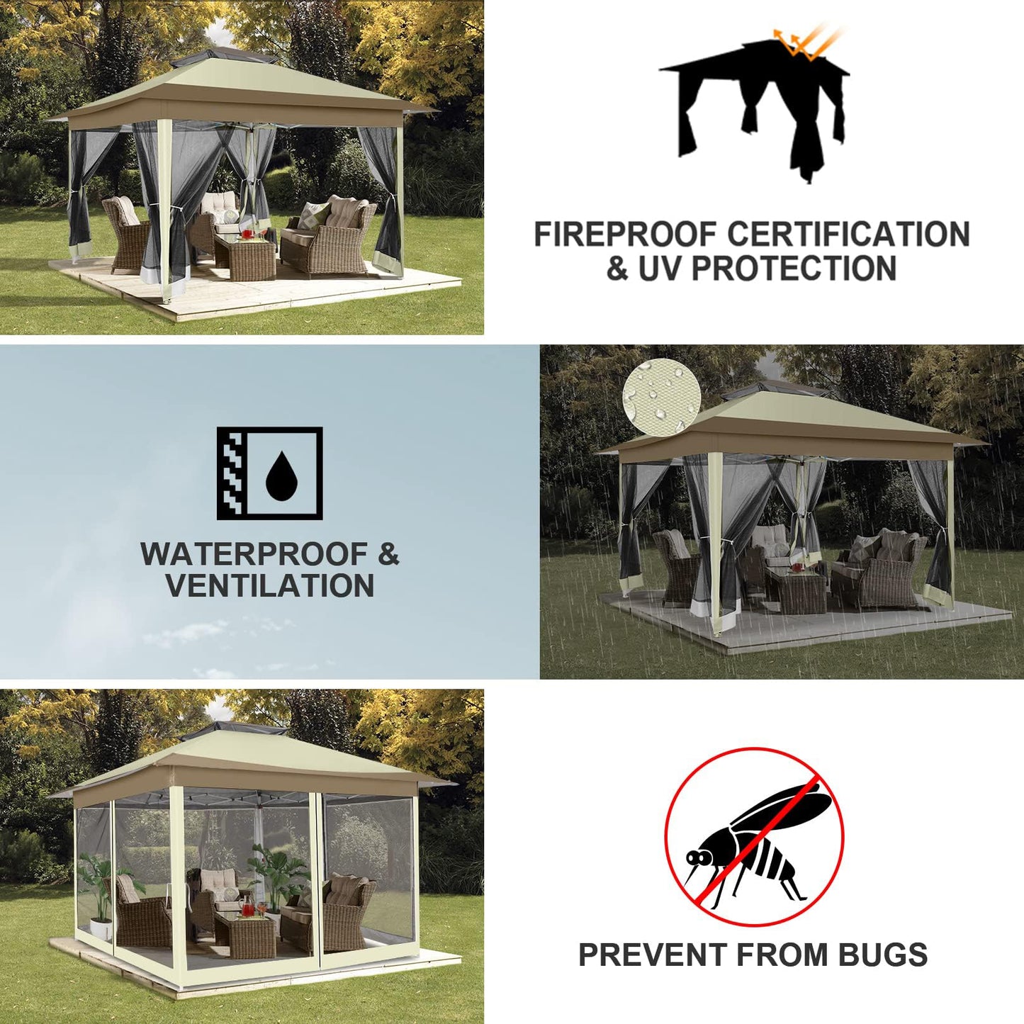 COBIZI 12x12 FT Pop up Gazebo on Clearance Canopy Tent, Carpas para Patio, Easy up Outdoor Canopy Tents with Portable Storage Bag for Backyard, Outdoor Waterproof Gazebos for Garden, Camping, Khaki
