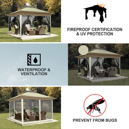 COBIZI 12x12 FT Pop up Gazebo on Clearance Canopy Tent, Carpas para Patio, Easy up Outdoor Canopy Tents with Portable Storage Bag for Backyard, Outdoor Waterproof Gazebos for Garden, Camping, Khaki