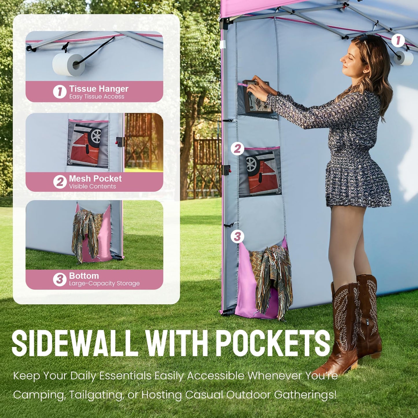 CROWN SHADES Canopy Tent, 10 x 10 Foot Portable Pop Up Outdoor Shelter with Pocket Sidewall, Push Center Lock, UV Protection, and Carry Bag, Pink