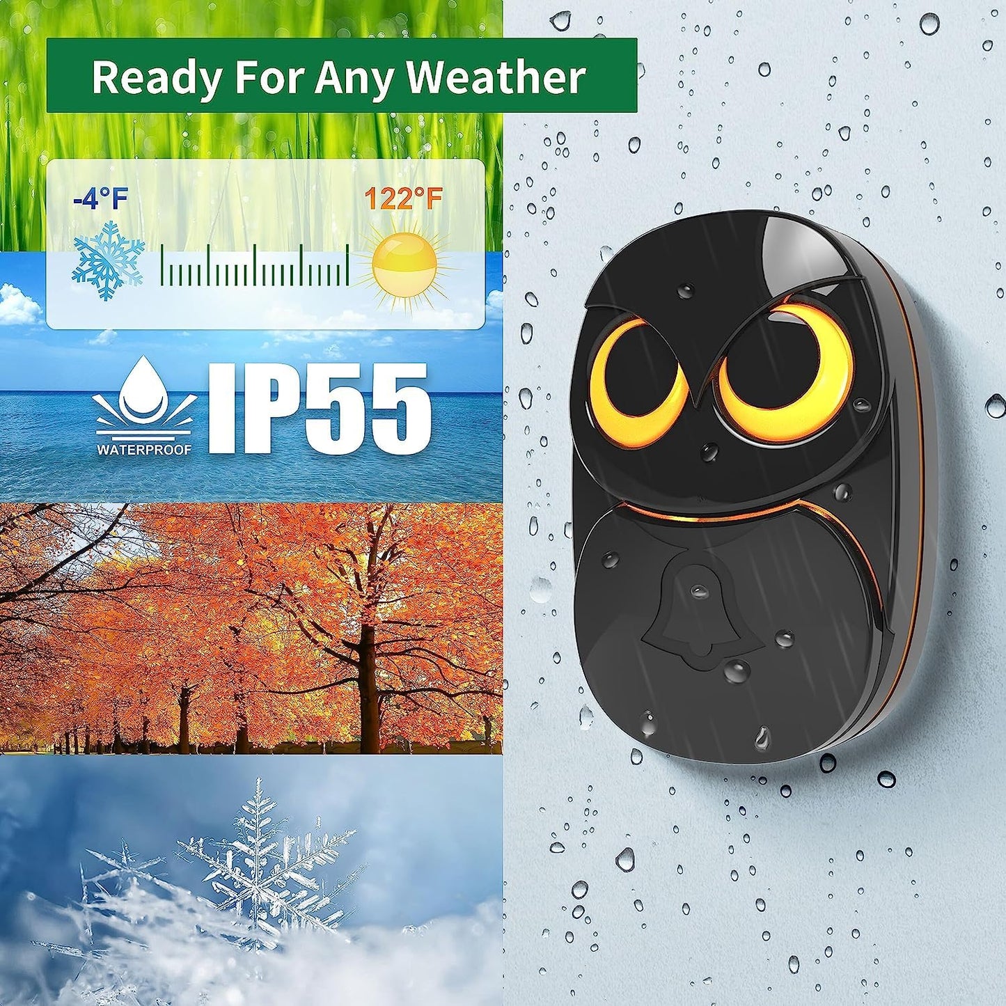 Wireless Doorbell, Cute Owl Doorbell Weatherproof IP55 Outdoor Remote Push Button- 1000 Feet Long Wireless Range, 1 Receiver + 1 Transmitter, Black