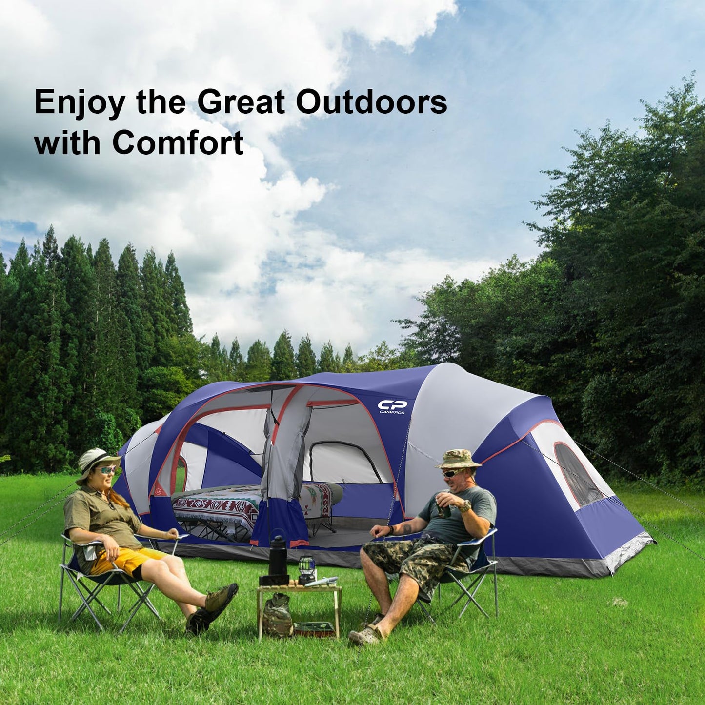 CAMPROS CP Tent 12-Person-Camping-Tents,3 Room Family Tents,Waterproof Windproof Family Tent with Top Rainfly,6 Large Mesh Windows,Double Layer,Easy Set Up, Portable with Carry Bag-20' x 9' x 72"(H)