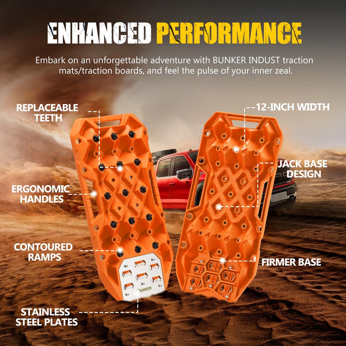 BUNKER INDUST Offroad Traction Boards with Jack Base, Pair Portable Recovery Track Tire Traction Mat - Orange Sand,Mud,Snow Tracks(Replaceable Dual Colors Teeth/Rugged Steel Plate), Gen 12th
