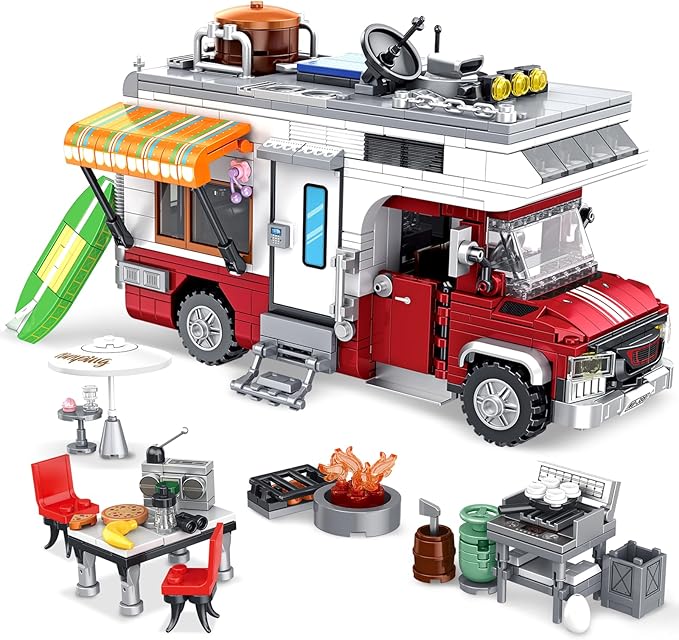 Camper Van Building Set Compatible with Rvs Camper Vehicles Summer Beach Holiday Camping Car Building Toy with Light Gift for Adults and Boys Girls Kids Teens 8-12 (924 PCS)