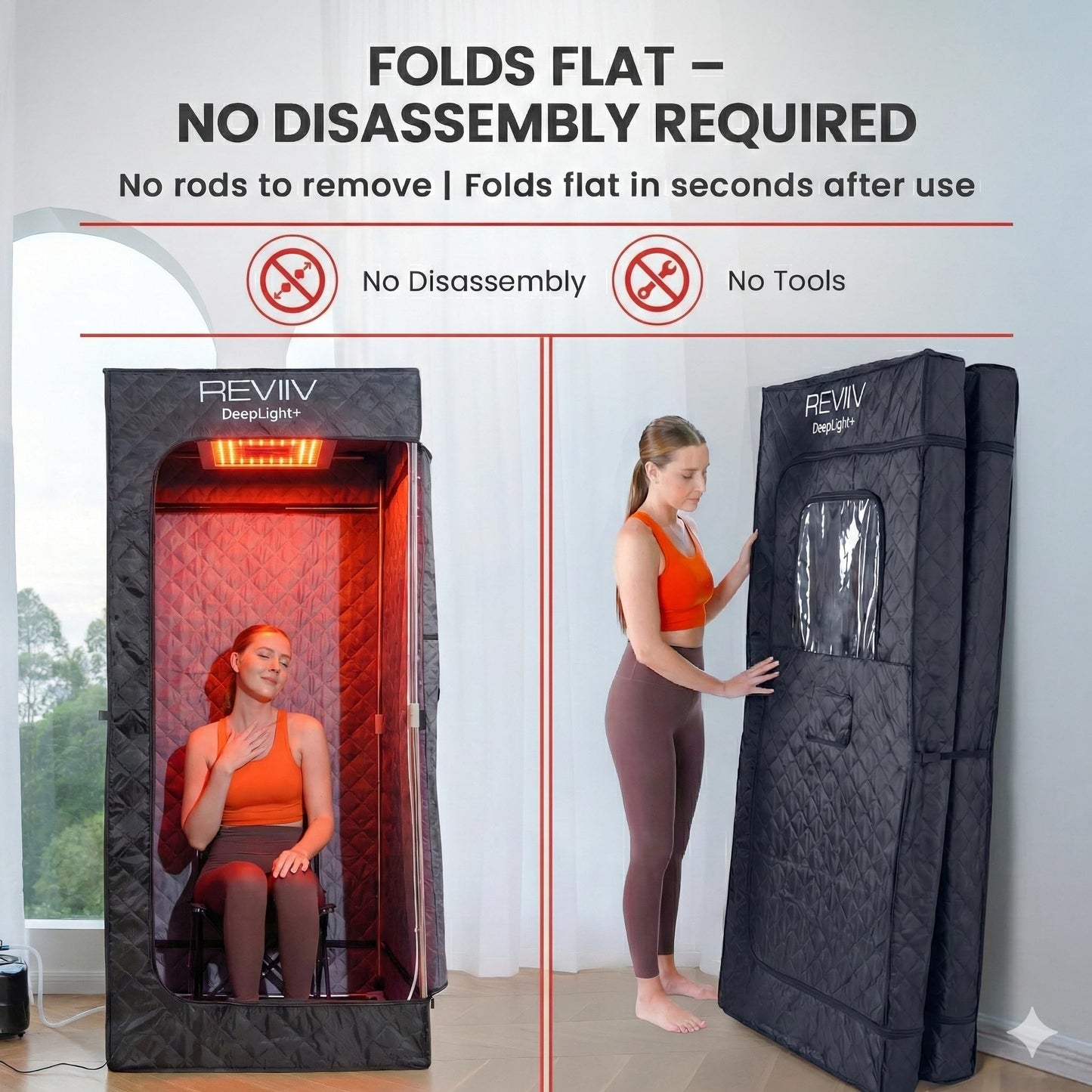 REVIIV Infrared Sauna Box for Home with 660nm & 850nm Red Light Therapy, Foldable Full Body Portable Steam Sauna Tent, 1500W Steamer + Chair, 71" Tall, 9 Heat Levels for Detoxification – DeepLight+