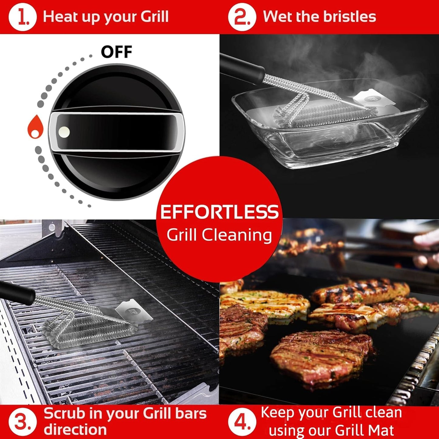 KITCHEN PERFECTION Grill Brush - Safe Wire BBQ Cleaner with Scraper & Mat | Extended Handle for Easy Cleaning