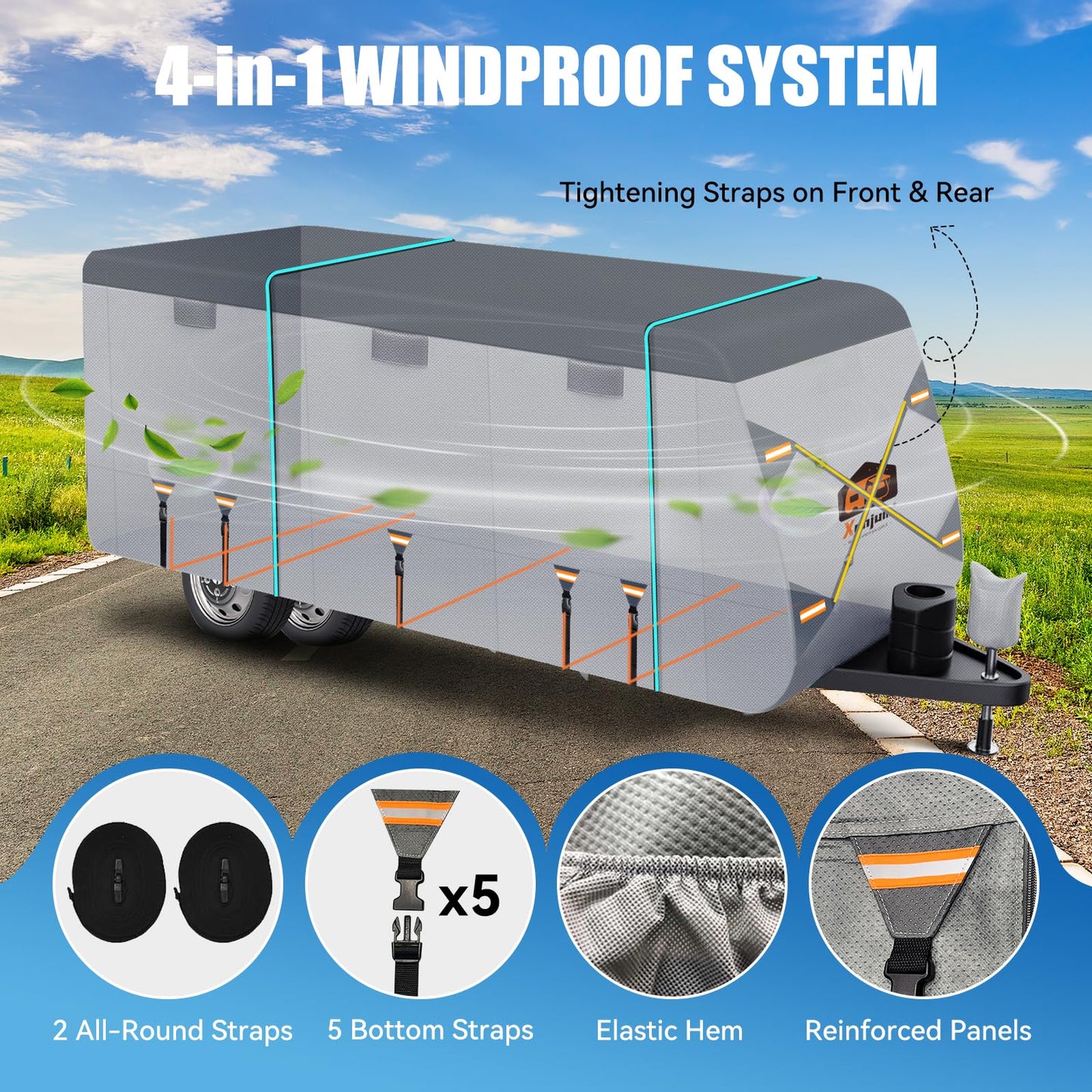 Xenjum RV Cover for 27-30 ft Travel Trailers, 7 Layers Heavy Duty Camper Cover, Weatherproof & UV Resistant Motorhome Trailer Cover with Gutter & Tongue Jack Covers