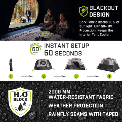 HINSTANT Camping Tent, 6 Person Blackout Instant Tents for Camping with Top Rainfly, 60s Easy Setup, Waterproof & Light-Blocking Cabin Tent for Family with Expandable Carry Bag, Upgraded Ventilation