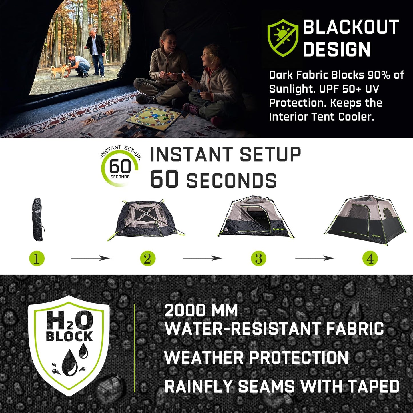 HINSTANT Camping Tent, 6 Person Blackout Instant Tents for Camping with Top Rainfly, 60s Easy Setup, Waterproof & Light-Blocking Cabin Tent for Family with Expandable Carry Bag, Upgraded Ventilation