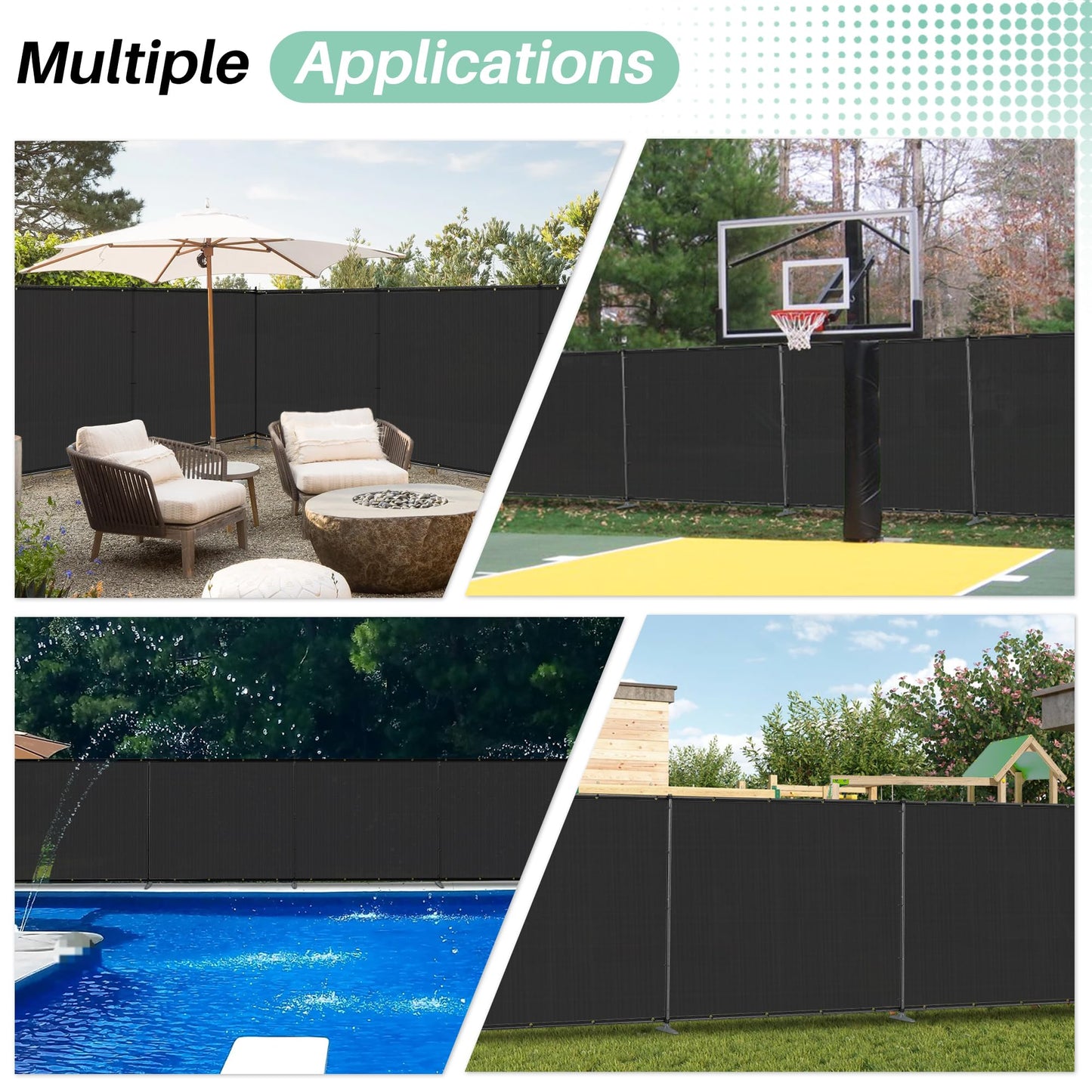 SunnyRoyal 5' x 24' Privacy Fence Screen Panel with Iron Poles Freestanding No Dig Heavy Duty Windscreen Mesh Fabric Temporary Dog Fencing for Outdoor Backyard Patio Garden (Black)