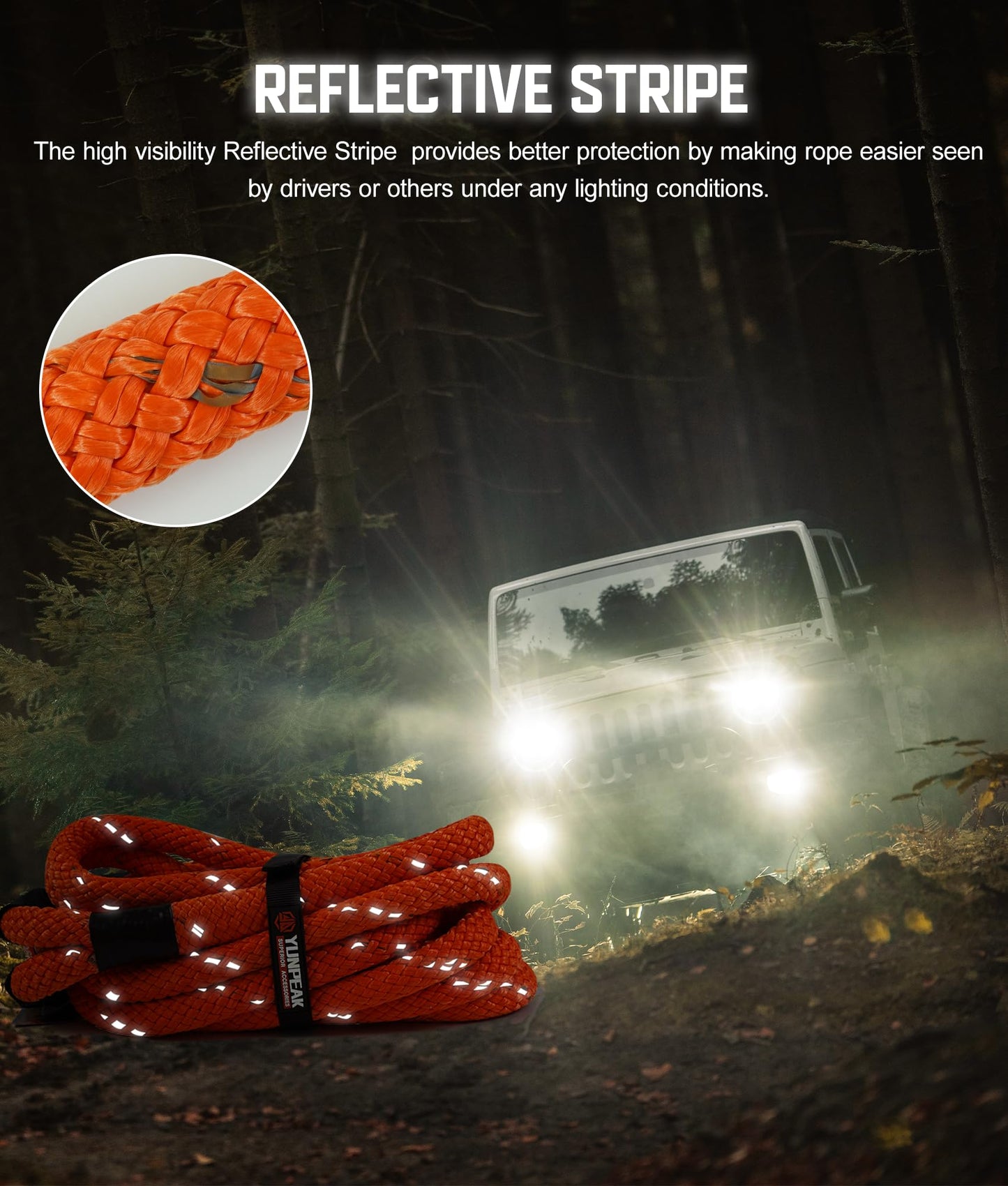 YUNPEAK 1.26" x 30ft Heavy-Duty Kinetic Recovery Rope – 56,000lbs Break Strength – Includes 2 Ultra-Strong UHMWPE Soft Shackles – Ideal for Trucks, SUVs, Jeeps, UTVs, ATVs & Tractors (Orange)