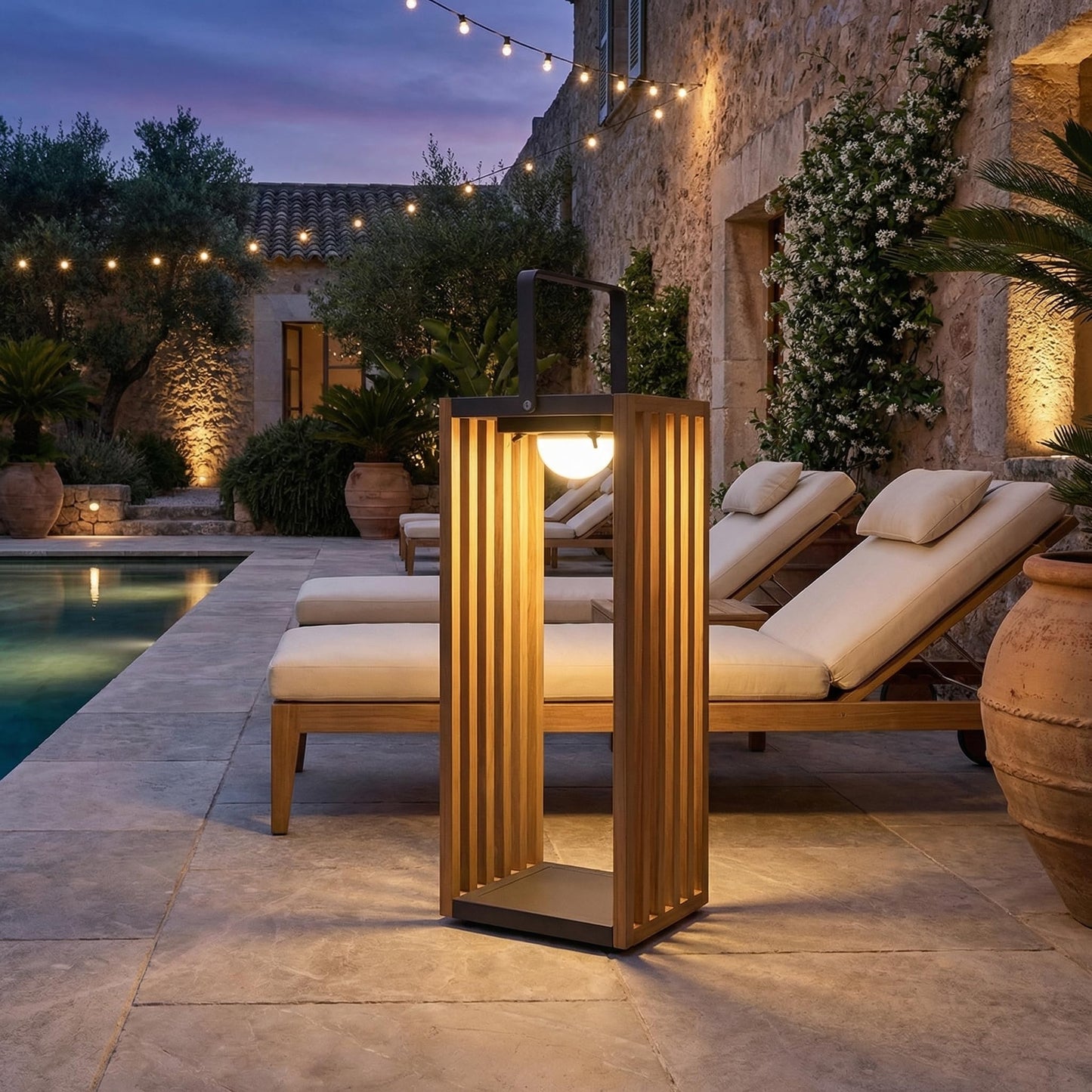 Teak Solar Lantern Outdoor, Solar & USB Rechargeable Floor Lamp, Woven Rope Modern Table Light, 3-Level Dimmable Waterproof Decor for Patio, Garden & Yard (THE GATE Large)
