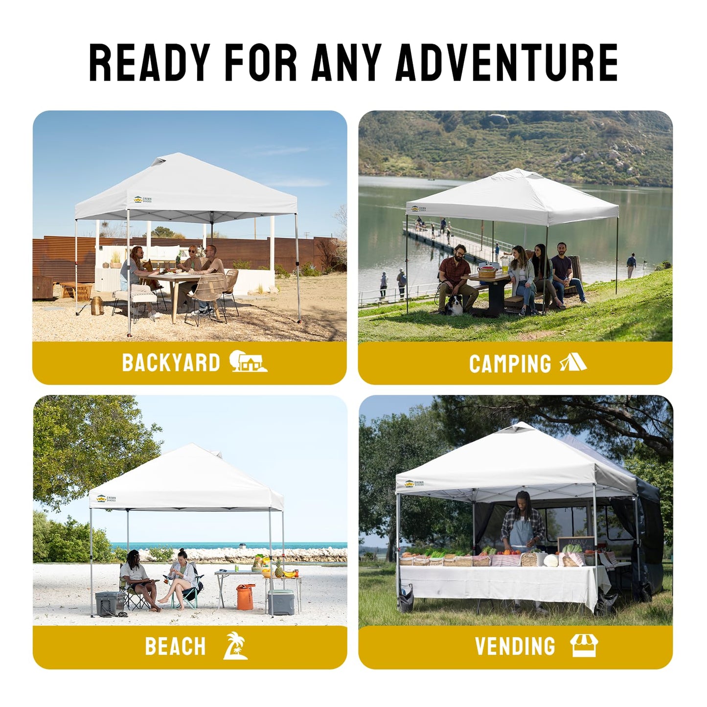 CROWN SHADES 10x10 Pop Up Canopy, Patented CenterLok One Push Tent Canopy, Newly Designed STO-N-GO Storage Bag, 8 Stakes, 4 Ropes (10x10, White)