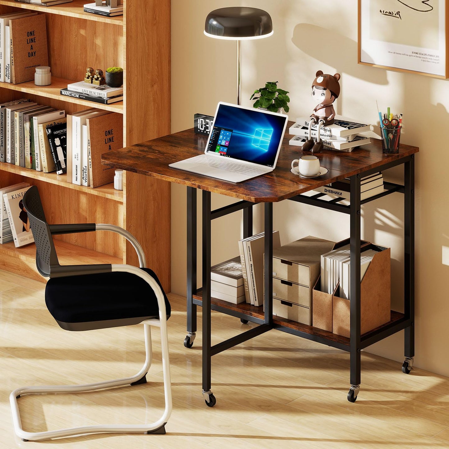 Giantex Folding Dining Table with 5 Wheels, Extendable Bar Tables with Wine Rack and Storage Shelf, Heavy-Duty Metal Frame, Space-Saving Kitchen Table for Small Spaces, Living Room, Apartment, Office