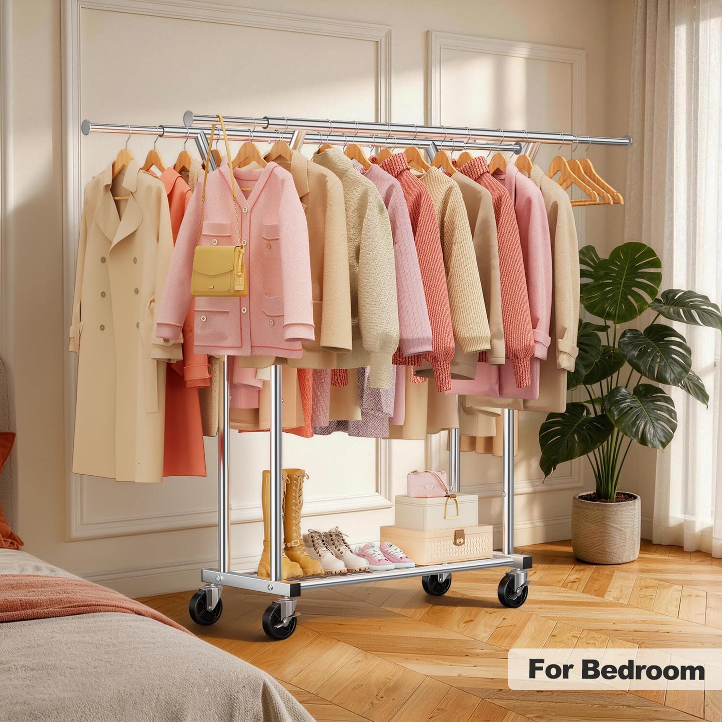LZNIOZ Heavy Duty Clothes Rack - Load 620 LBS, Rolling Clothing Rack for Hanging Clothes with Lockable Wheels & Shelves, Extendable Double Rod Garment Rack for Bedroom, Laundry, Living Room, Silver