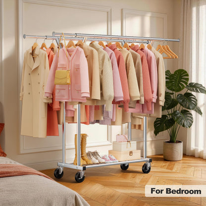 LZNIOZ Heavy Duty Clothes Rack - Load 620 LBS, Rolling Clothing Rack for Hanging Clothes with Lockable Wheels & Shelves, Extendable Double Rod Garment Rack for Bedroom, Laundry, Living Room, Silver
