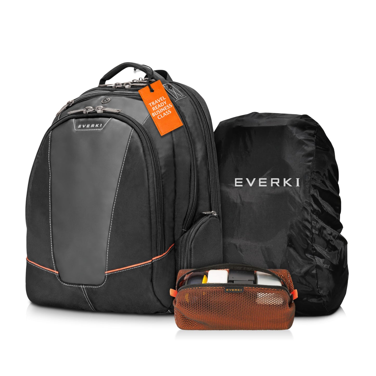 EVERKI Flight Business Laptop Backpack (EKP119) with Orange Accessory Pouch & Rain Cover - Men's Backpack with 16" Compartment, 28.5L Capacity - Flight Business Backpack, Pouch & Cover Bundle