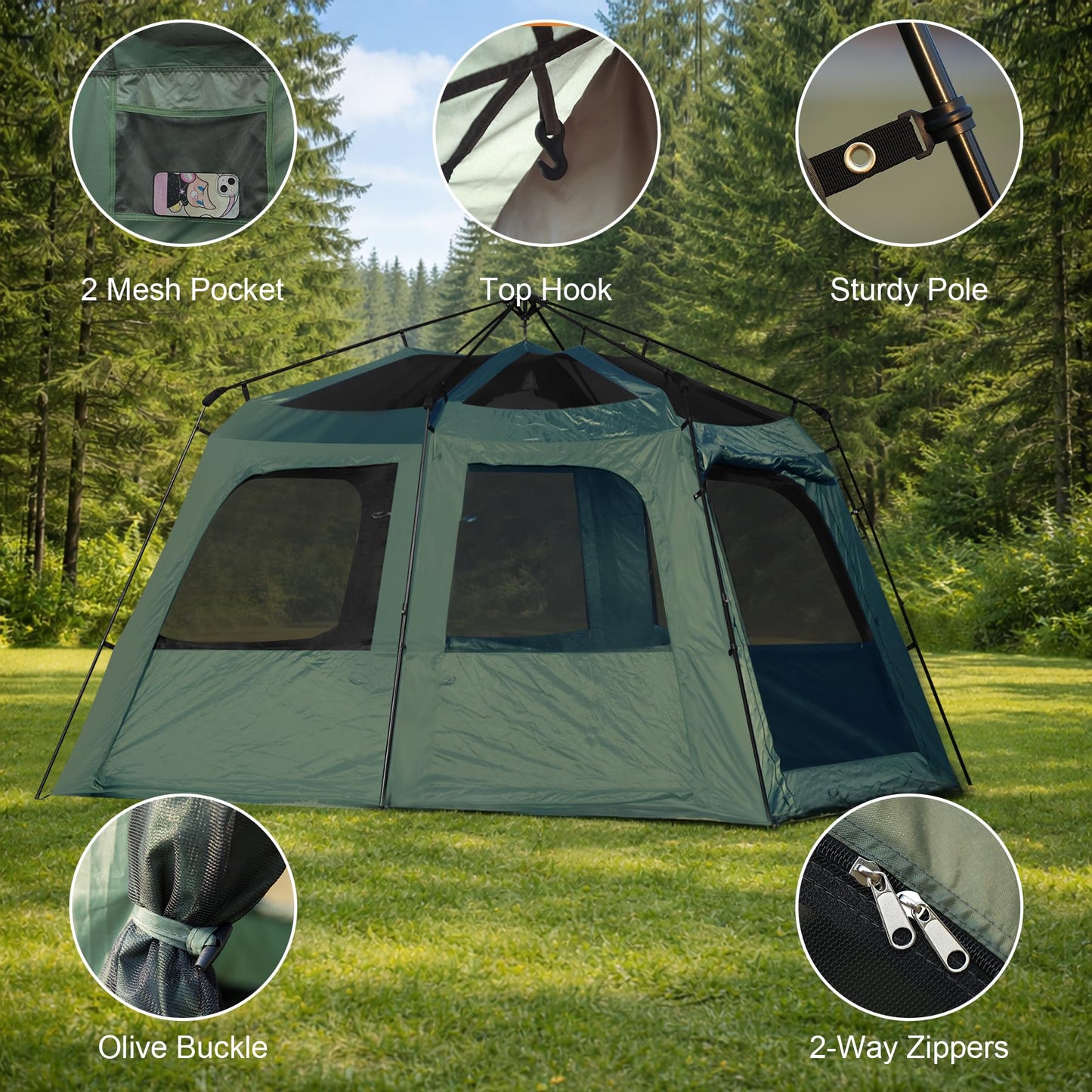 Castle Unicorn Instant 6-8 Person Camping Tent with Porch, Large Family Cabin Tent with 2 Rooms, Tall & Spacious 60s Easy Setup, Waterproof Glamping Tent, Big Tents for Outdoor Camping Hiking Backyard