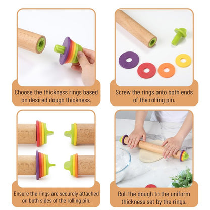 BAMBOO LAND- Adjustable Rolling Pin with Thickness Rings for Baking, 13.8", 4 Colorful Thickness Rings (2-10 mm or 1/16"-3/8"), Wood Rolling Pins for Baking, Bread, Pizza Doughs