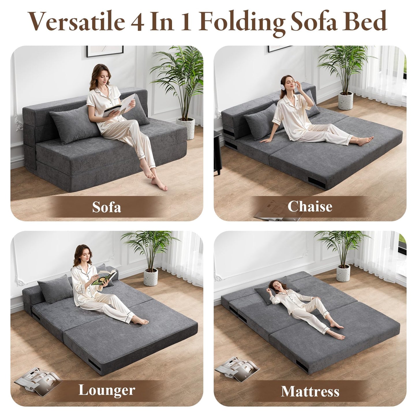 HOMFINE Folding Sofa Bed - Convertible Sleeper Chair with Pillow, Fold Out Couch, Memory Foam Floor Mattress, Futon Couch, Lazy Sofa for Living Room/Dorm/Guest Room/Home Office, Queen, Grey
