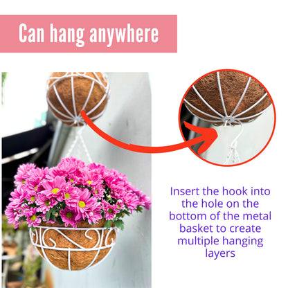 LaLaGreen Hanging Planter for Outdoor Plants (2 Pack, 12 Inch) White Hanging Baskets with Coco Liner, Metal Wire Flower Basket Pots with Hook Hanger Balcony Porch Farmhouse Country Style Garden Decor