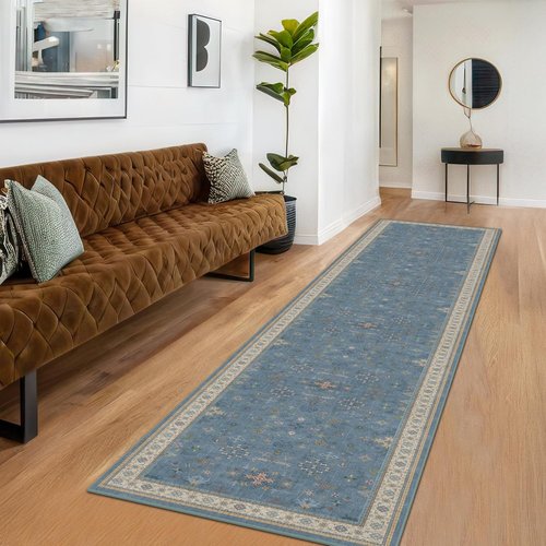Hazo Haus Non-Slip 10ft Long Hallway Runner Rug - Washable & Waterproof Blue 2x10 Kitchen Mat | Modern Boho Design