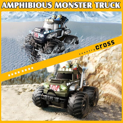 Dual Remote Control RC Car with Magic Gesture Wristband &amp 40+ Min Play 1:18 Fully Submersible Waterproof All Terrain 4WD Monster Truck Amphibious Toy Crawler Gift for Boys Girls Ages 6-12-Green