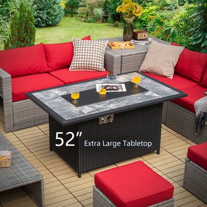 COSTWAY 52" Patio Propane Fire Pit Table, 50,000 BTU Outdoor Fire Table, Electric Pulse Ignition, Marble Tabletop & Weatherproof Rattan, Protective Cover Included, Perfect for Backyard, Poolside