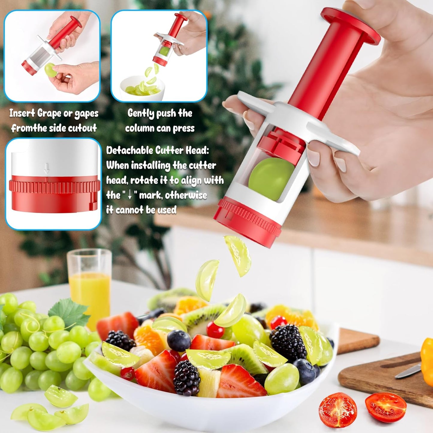 Skiennix Grapes Cutter for Toddlers | Safe Fruit & Veggie Slicer with Red Container & CrossBlade
