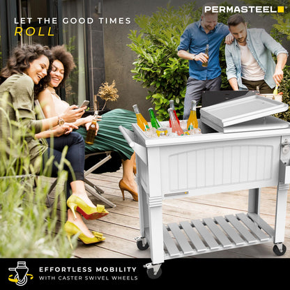 Permasteel Party Cooler with Divider, Spacious 80-Qt Capacity, Chills 36hrs, Serving Tray, Rolling Ice Chest for Indoor and Outdoor Entertainment, Matte White