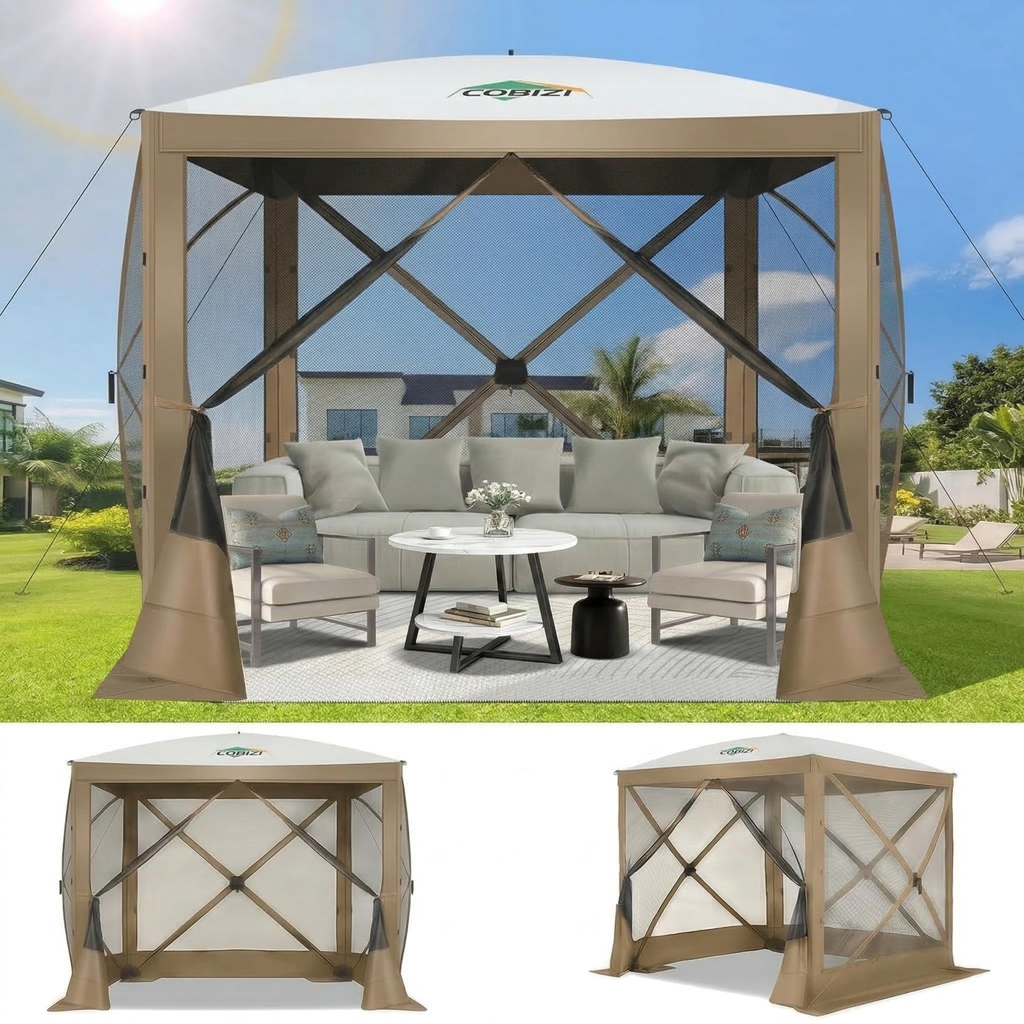 COBIZI Pop Up Gazebo Screen Tent Screen House for Camping, 6FTx6FT Screen Room with Mosquito Netting, Hub Tent Instant Screened Canopy with Carrying Bag and Ground Stakes, Khaki