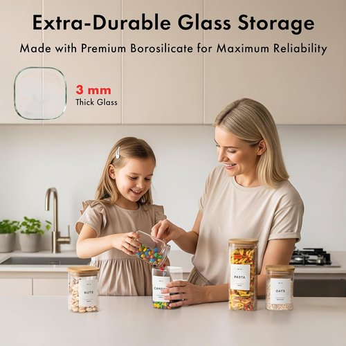 EDELHAUS Glass Storage Containers - Airtight 12-Pack with Bamboo Lids | Stackable Kitchen Canisters