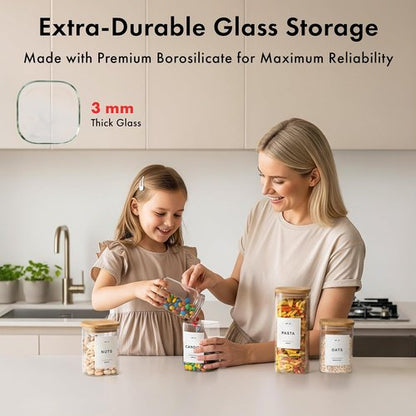EDELHAUS Glass Storage Containers - Airtight 12-Pack with Bamboo Lids | Stackable Kitchen Canisters