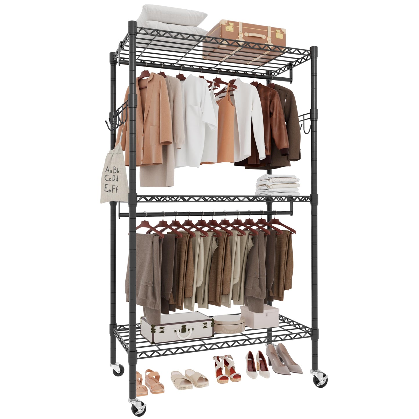 Whitmor 3 Tier Rolling Garment Rack, Heavy Duty Adjustable Metal Clothing Rack with Side Hooks, Double Rods & 360° Lockable Wheels, Max 600LBS for Hanging Clothes, 43" L x 18" W x 80" H, Black