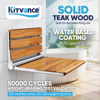 [Upgraded Version] 20" Folding Teak Shower Seat Wall Mounted- Shower Bench for Inside Shower, ADA Compliant Teak Shower Seat Wall Mounted Bench Bathroom Stool, Folding Bathtub Shower Seat for Elderly
