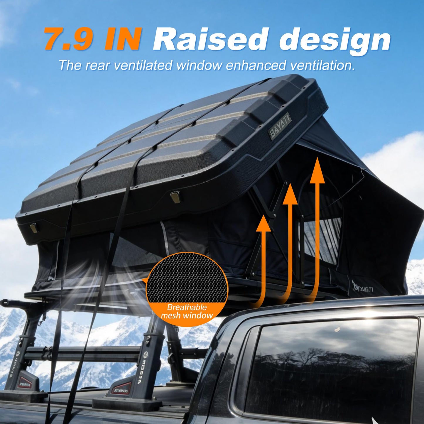 Bayati Rooftop Tent Hard Shell, Easy Set Up Pop Up Large Tent for 2-3 Person & Family Camping, Windproof Waterproof UV-Resistant Blackout Privacy 4 Season Tents for Truck, Jeep, SUV, Van, Trailer